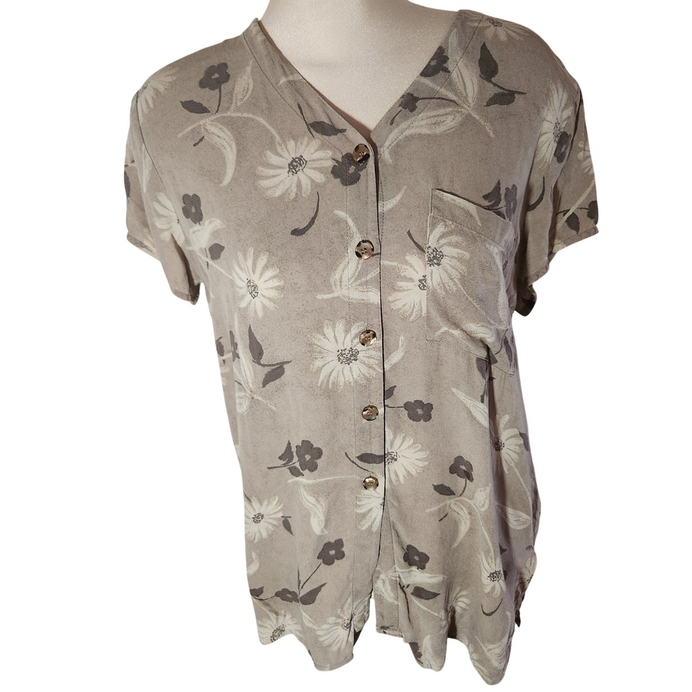 Jones New York Womens Button Front Floral Silk Blouse earthy fairycore natural